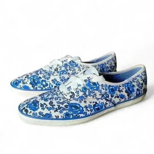 Keds Blue White Floral Print Canvas Loafer Sneakers Shoes size 8.5